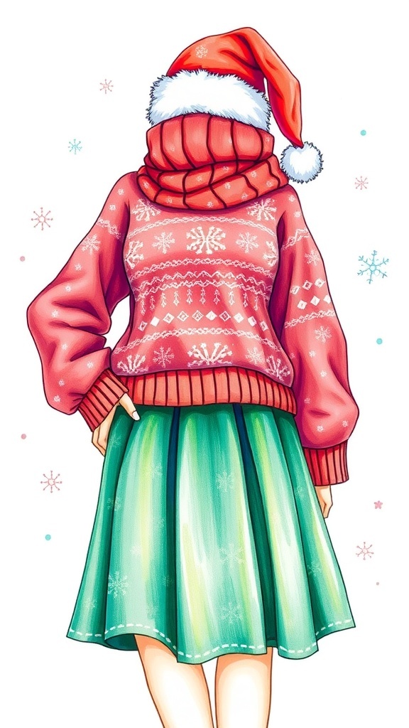 A festive Christmas outfit drawing with a red sweater, green skirt, and holiday accessories.